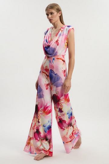 Petite Floral Printed Drapey Jersey Cowl Neck Wide Leg Jumpsuit floral
