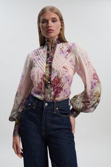 Floral Print Silk Cotton Long Sleeve Woven Blouse floral
