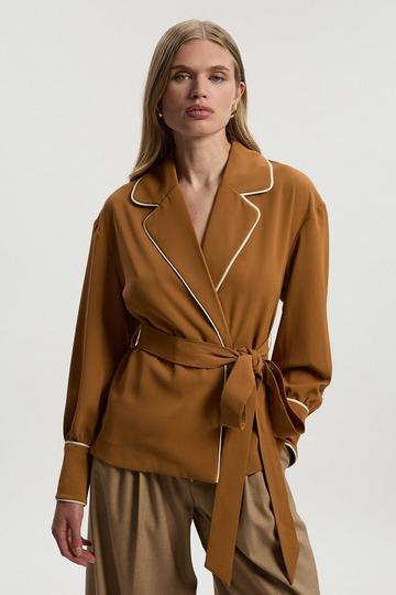 Camel Beige Contrast Tipping Tie Waist Woven Trench Jacket