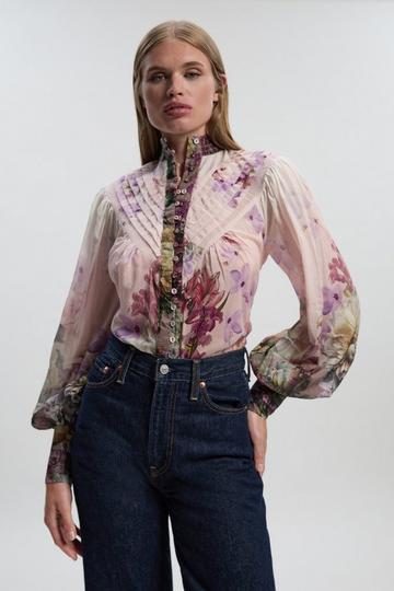 Petite Floral Print Silk Cotton Long Sleeve Woven Blouse floral