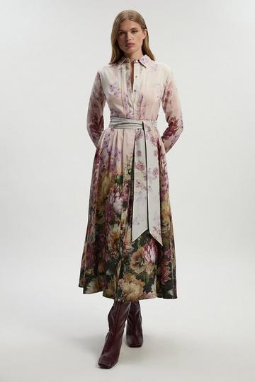 Petite Floral Print Silk Cotton Long Sleeve Woven Maxi Dress floral