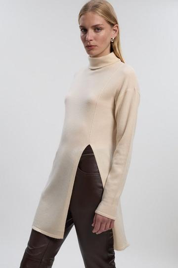 Cream White Cashmere Blend Deep Slip Longline Knit Top