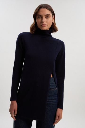 Cashmere Blend Deep Slip Longline Knit Top navy