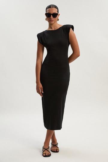 Stretch Jersey Power Shoulder Midi Dress black