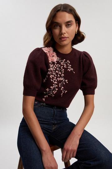 Flower And Beaded Puff Sleeve Knit Tee burgundy