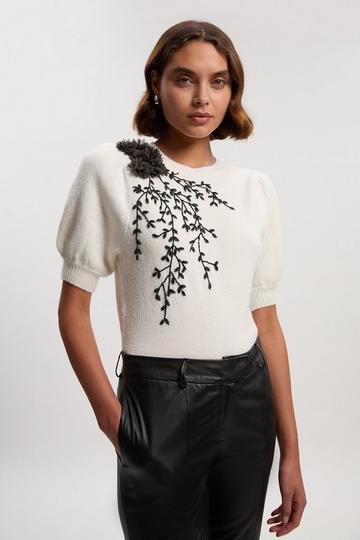 Flower And Beaded Puff Sleeve Knit Tee ivory