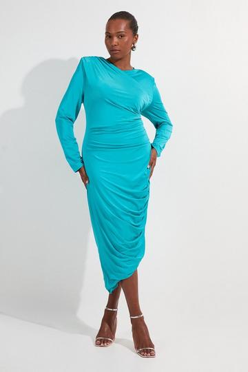 Plus Size Jersey Crepe Ruched Long Sleeve Maxi Dress teal