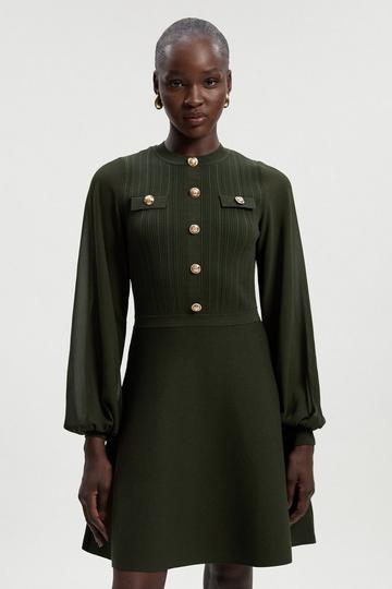 Petite Viscose Blend Mini Knit Dress With Chiffon Sleeve Military Trim olive