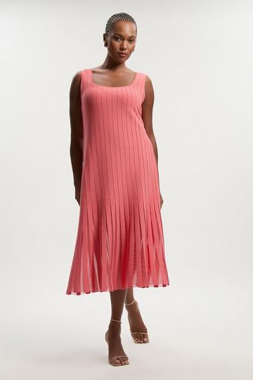 Plus Size Compact Stretch Square Neck Knitted Flippy Dress coral