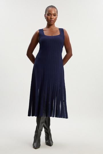 Navy Plus Size Compact Stretch Square Neck Knitted Flippy Dress