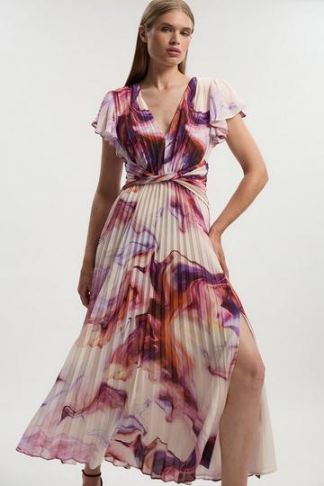 Marble Soft Pleated V Neck Woven Maxi Dress multi