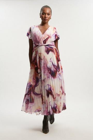 Plus Size Marble Soft Pleated V Neck Woven Maxi Dress multi