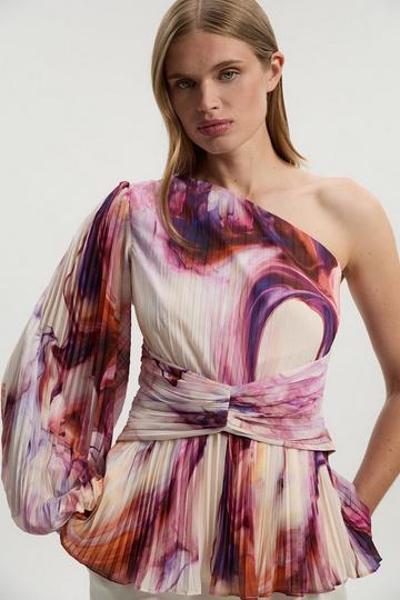 Marble Soft Pleated One Shoulder Blouse multi