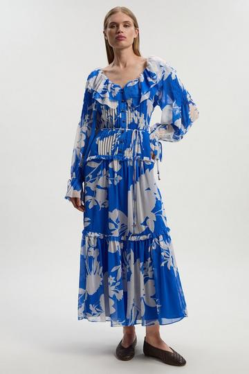 Blue Printed Georgette Ruffle Woven Maxi Dress