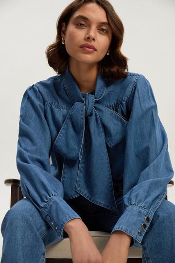 Blue Denim Pussybow Blouse