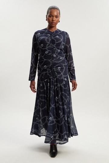 Plus Size Chain Print Mesh Maxi Dress blue