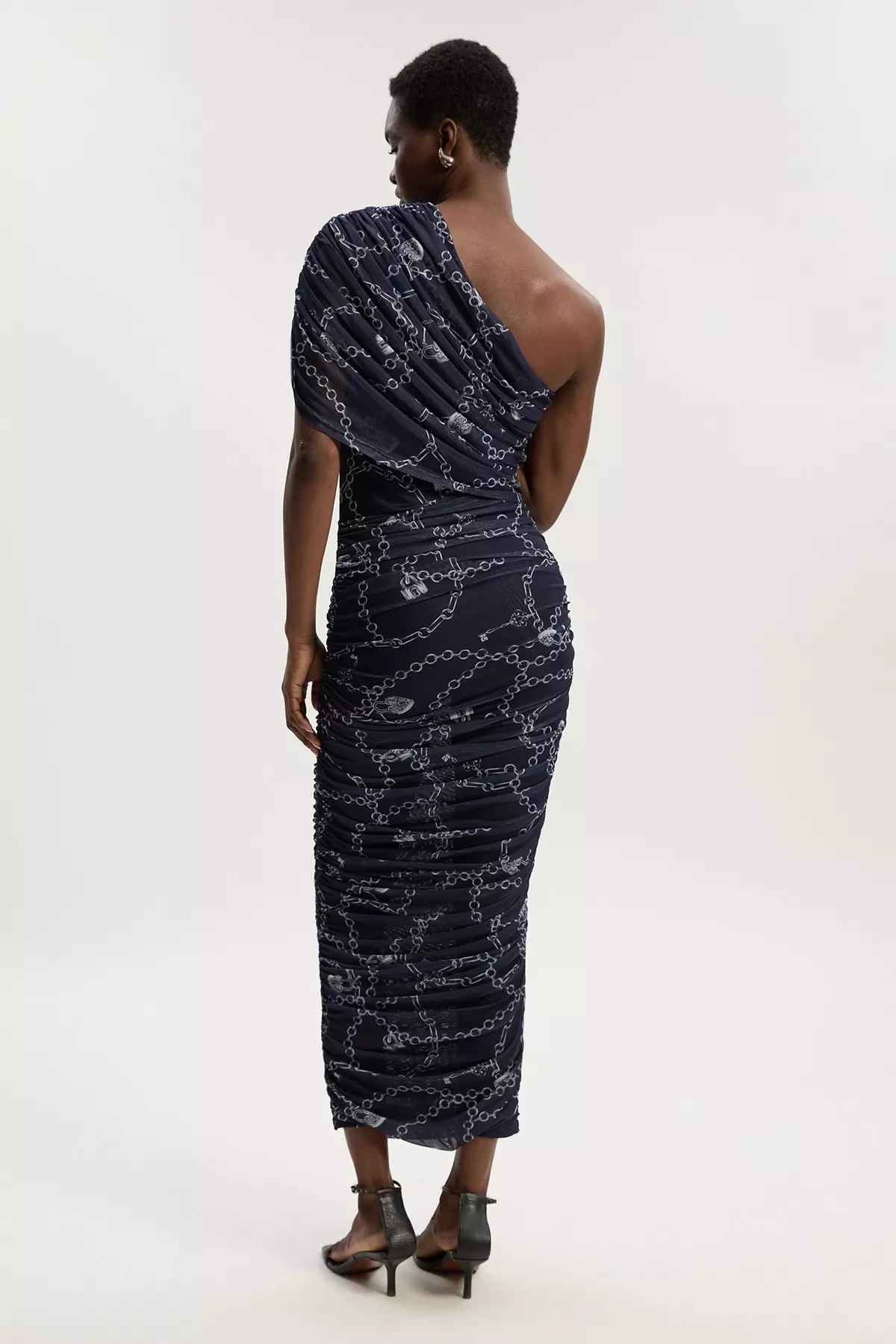Petite Chain Print Mesh One Shoulder Midi Dress | Karen Millen