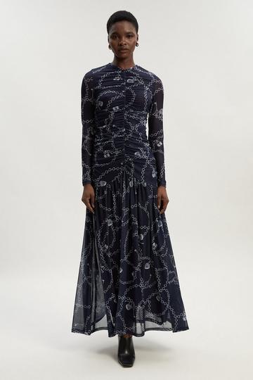 Chain Print Mesh Maxi Dress blue