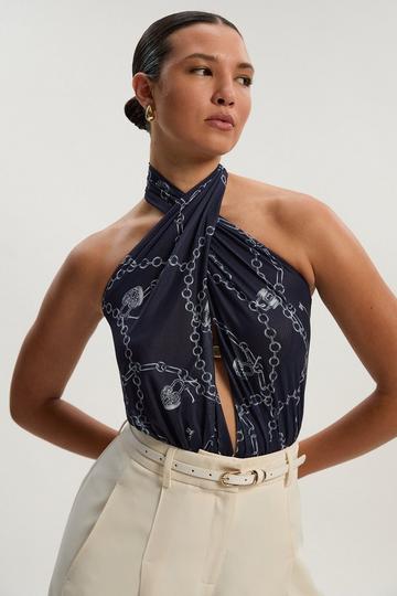 Chain Print Plunge Halter Neck Trim Detail Mesh Bodysuit blue