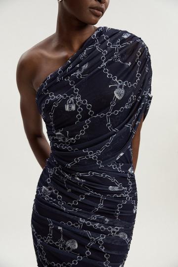 Chain Print Mesh One Shoulder Midi Dress blue