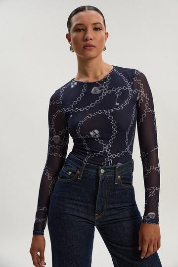 Petite Long Sleeved Chain Print Mesh Bodysuit blue