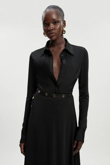 Petite Drapey Crepe Slim Collared Shirt black