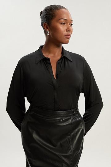 Plus Size Drapey Crepe Slim Collared Shirt black