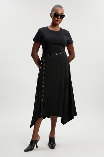 Plus Size Drapey Crepe Hanky Hem Eyelet Detail Maxi Skirt black