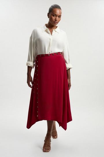 Burgundy Red Plus Size Drapey Crepe Hanky Hem Eyelet Detail Maxi Skirt