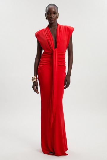 Plunge Ruched Twist Jersey Maxi Dress red