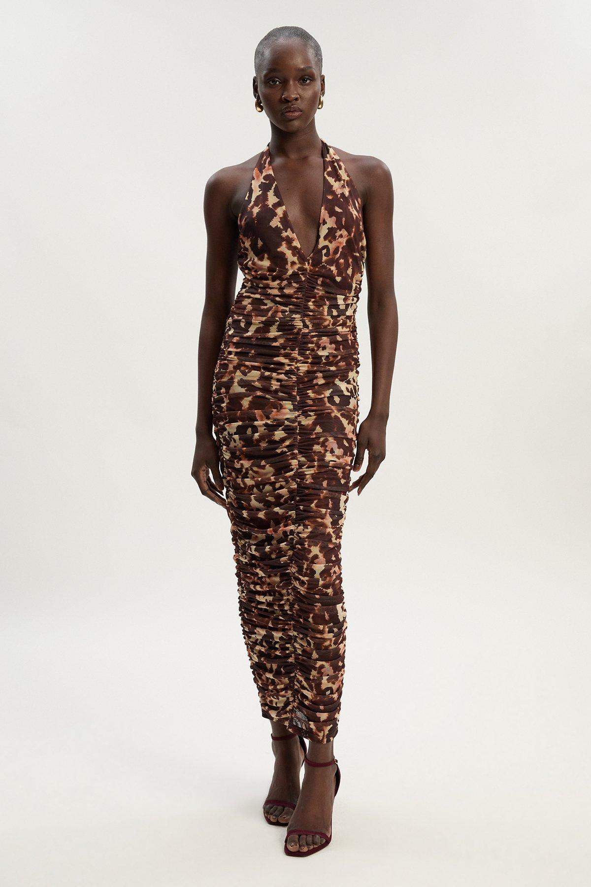 【Karen Millen】アニマル ホルターネック ミディ ワンピース Animal Georgette Crinkle Tiered Halterneck Midi Dress