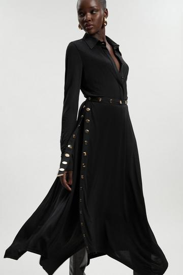 Black Drapey Crepe Hanky Hem Eyelet Detail Maxi Skirt
