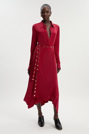 Burgundy Red Drapey Crepe Hanky Hem Eyelet Detail Maxi Skirt