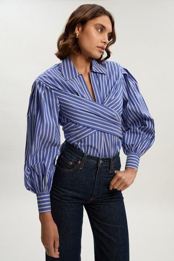 Stripe Cotton Poplin Drama Sleeve Woven Wrap Detail Blouse stripe