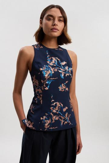 Satin Sequin And Embroidery Woven Top navy
