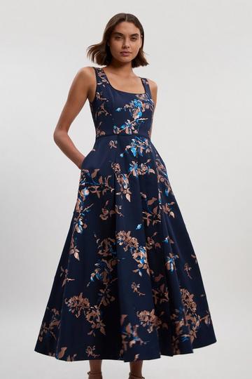 Petite Satin Sequin And Embroidery Woven Prom Dress navy