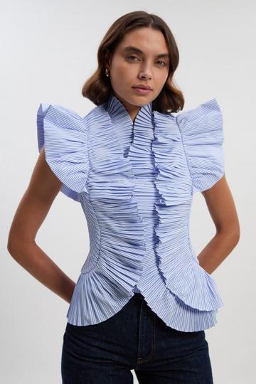 Stripe Pleated Ruffle Sleeve Woven Top blue