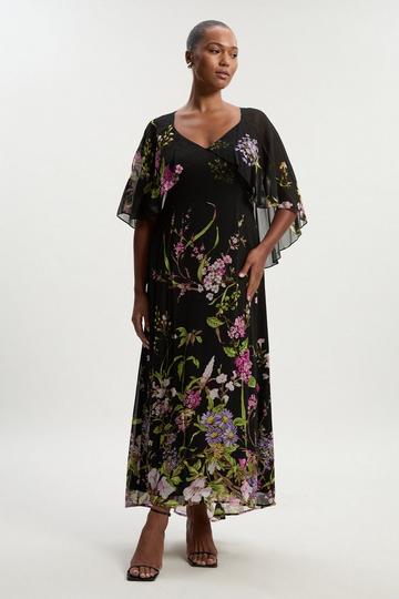 Plus Size Floral Border Print Viscose Woven Cape Sleeve Maxi Dress floral