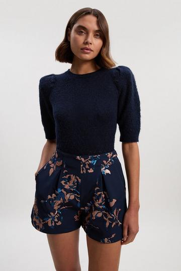 Satin Sequin And Embroidered Woven Shorts navy