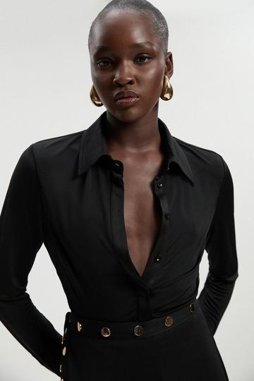 Drapey Crepe Slim Collared Shirt black