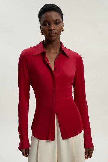 Drapey Crepe Slim Collared Shirt burgundy