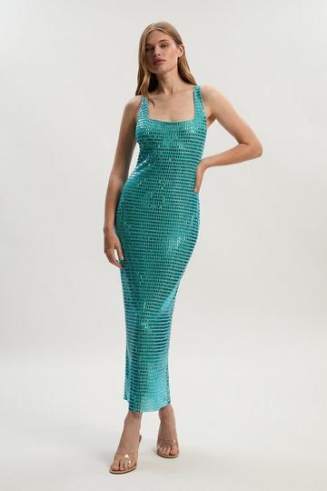 Premium Crystal Embellished Jersey Midi Dress aqua