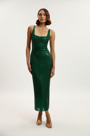 Green Premium Crystal Embellished Jersey Midi Dress