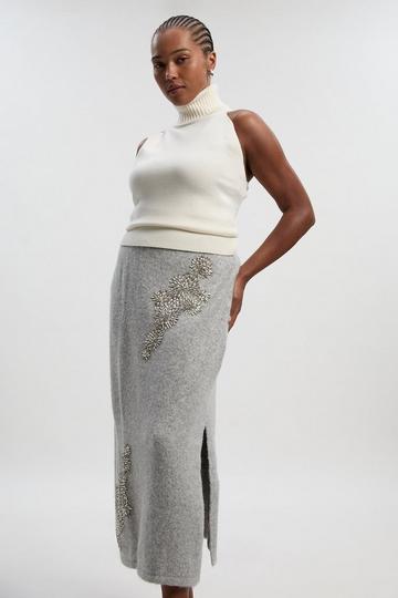 Plus Size Wool Blend Embellished Cosy Pencil Midi Skirt grey