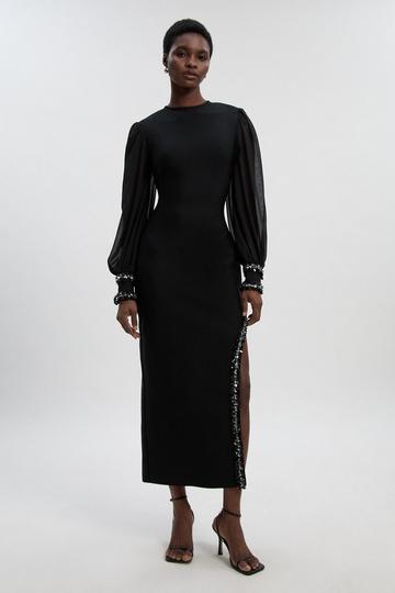 Petite Embellished Figure Form And Chiffon Sleeve Midi Dress black