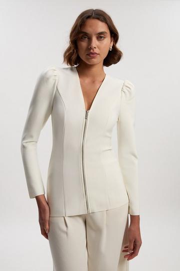 Fitted Figure Form Zip Through Jacket ivory