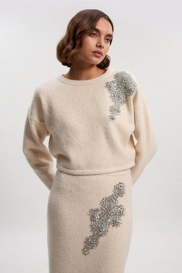 Wool Blend Embellished Cosy Crew Neck Knit Jumper cream