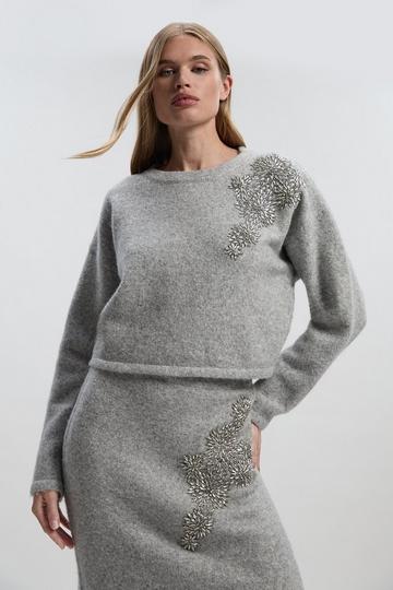 Wool Blend Embellished Cosy Crew Neck Knit Jumper grey