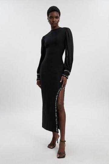 Embellished Figure Form And Chiffon Sleeve Midi Dress black
