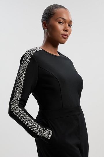 Black Plus Size Figure Form Bandage Knit Embellished Top